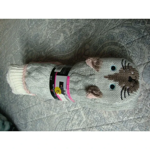 Cuddl Duds Sherpa Lined Critter Slipper Socks - Two Pack Cat and Pink (Sz 4-10) - Picture 1 of 5